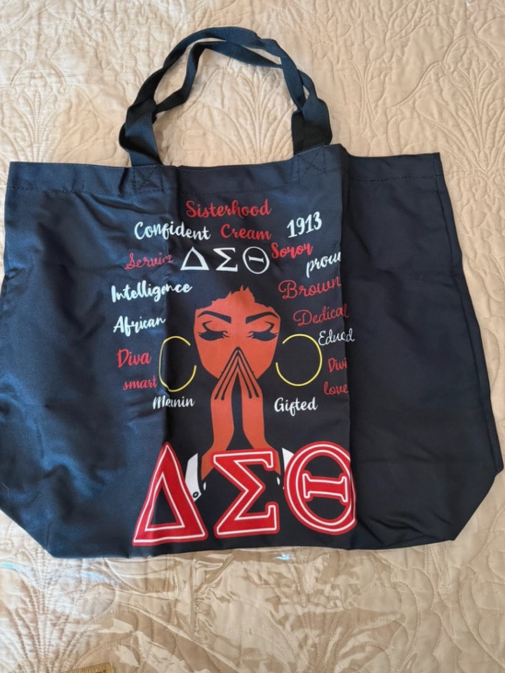 Source Unknown Black Tote with Red and Yellow Sorority Graphic